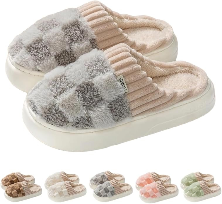 Checkered Slipper House Slippers for Women Men Plush Warm Fuzzy Slippers Flyffy Bedroom Shoes Ind... | Amazon (US)