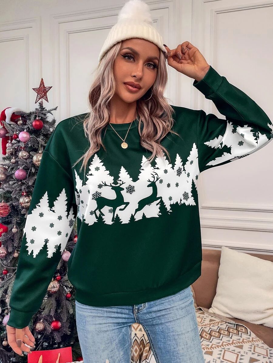 Christmas Elk & Tree Print Drop Shoulder Pullover
   
      SKU: sw2208217551765166
          (22... | SHEIN