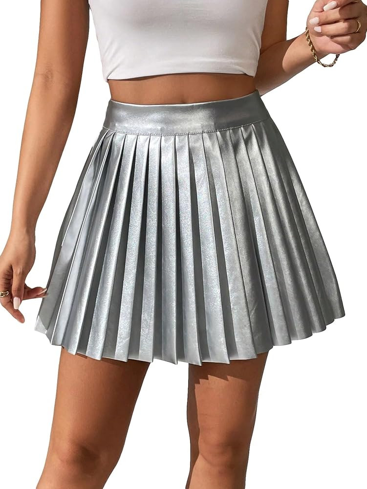 Floerns Women's PU Leather High Waisted Pleated Skirt Faux Leather Party Skater Mini Skirt | Amazon (CA)