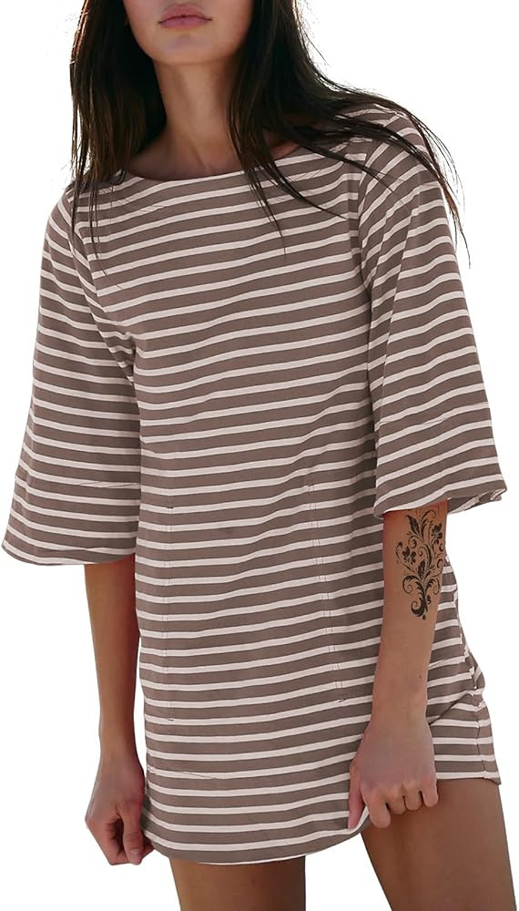 EXLURA Women's Summer T Shirt Dress Casual Short Sleeve Loose Striped Mini Dresses 2025 Vacation ... | Amazon (US)
