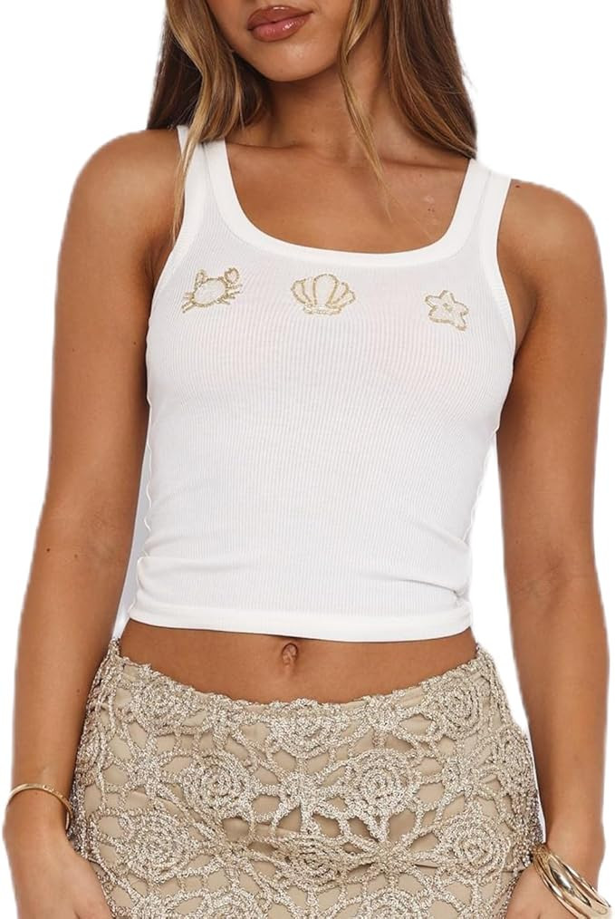 UAURORAO Women Teens Y2k Starfish Seashell Tank Top Hibiscus Shirt Spaghetti Strap Coastal Beach ... | Amazon (US)