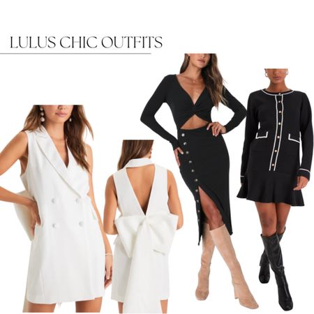 Chic outfits, Lulus, White Dress, White Dress with Bow, Black Midi Dress, Black and White Dress, Chanel Dupe

#LTKSeasonal #LTKfindsunder100 #LTKHoliday