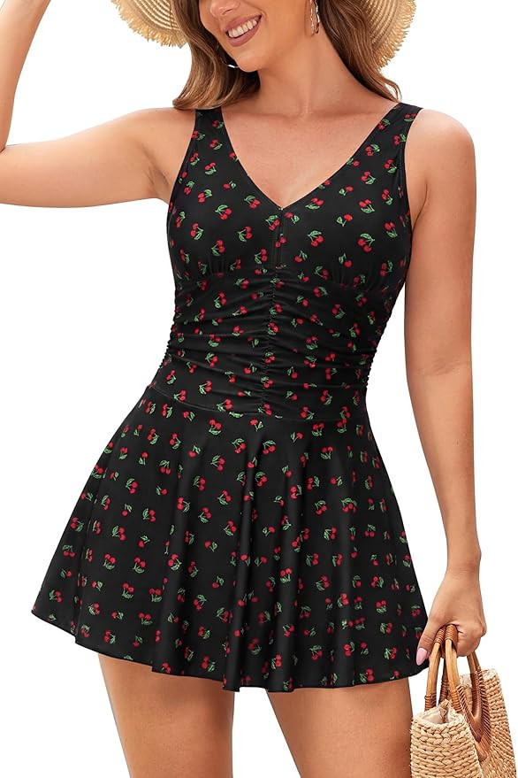 SHEKINI Women's Vintage V-Neck Ruched One Piece Swim Skirt Modest Tummy Control Swimdress Swimwea... | Amazon (US)