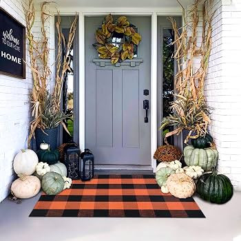 Orange and Black Plaid Rug, 28'' x 43'' Fall Outdoor Front Door Decor Mat, Cotton Washable Hand-W... | Amazon (US)