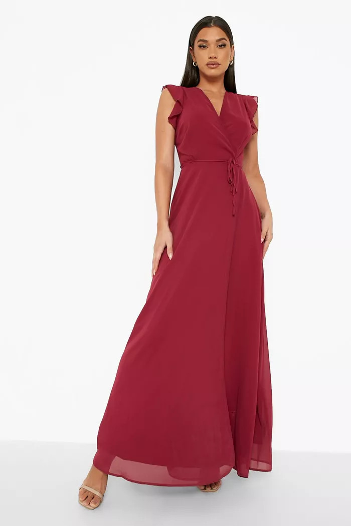 Ruffle Skater Wrap Maxi Bridesmaid Dress | Boohoo.com (US & CA)