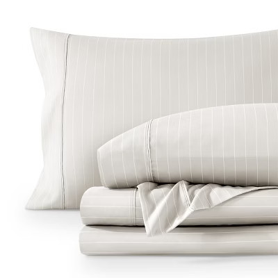 4 Piece Printed Pattern Ultra-Soft Double Brushed Easy Care Sheet Set by Bare Home - Queen, Pinstripe - Stone/White | Target