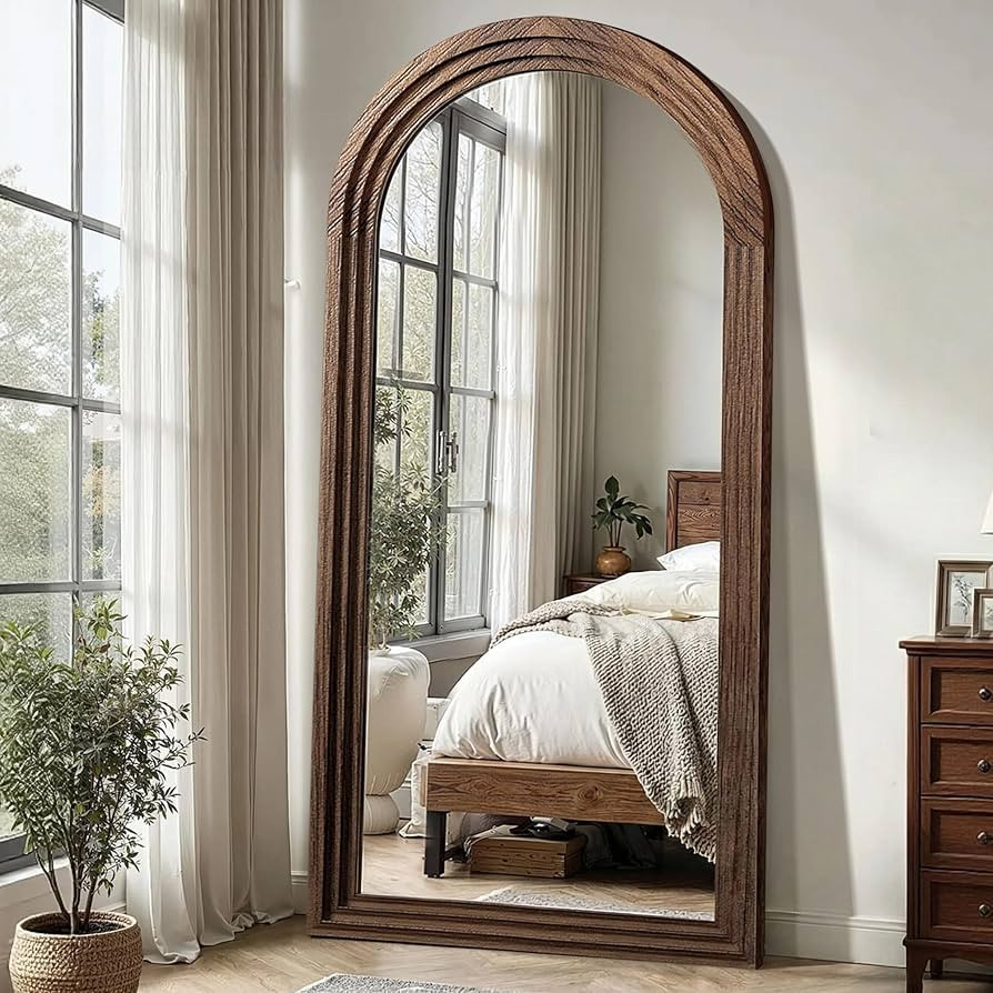 Delma Arched Full Length Mirror with Stand, 75x35 Brown Wood Floor Mirror | Amazon (US)