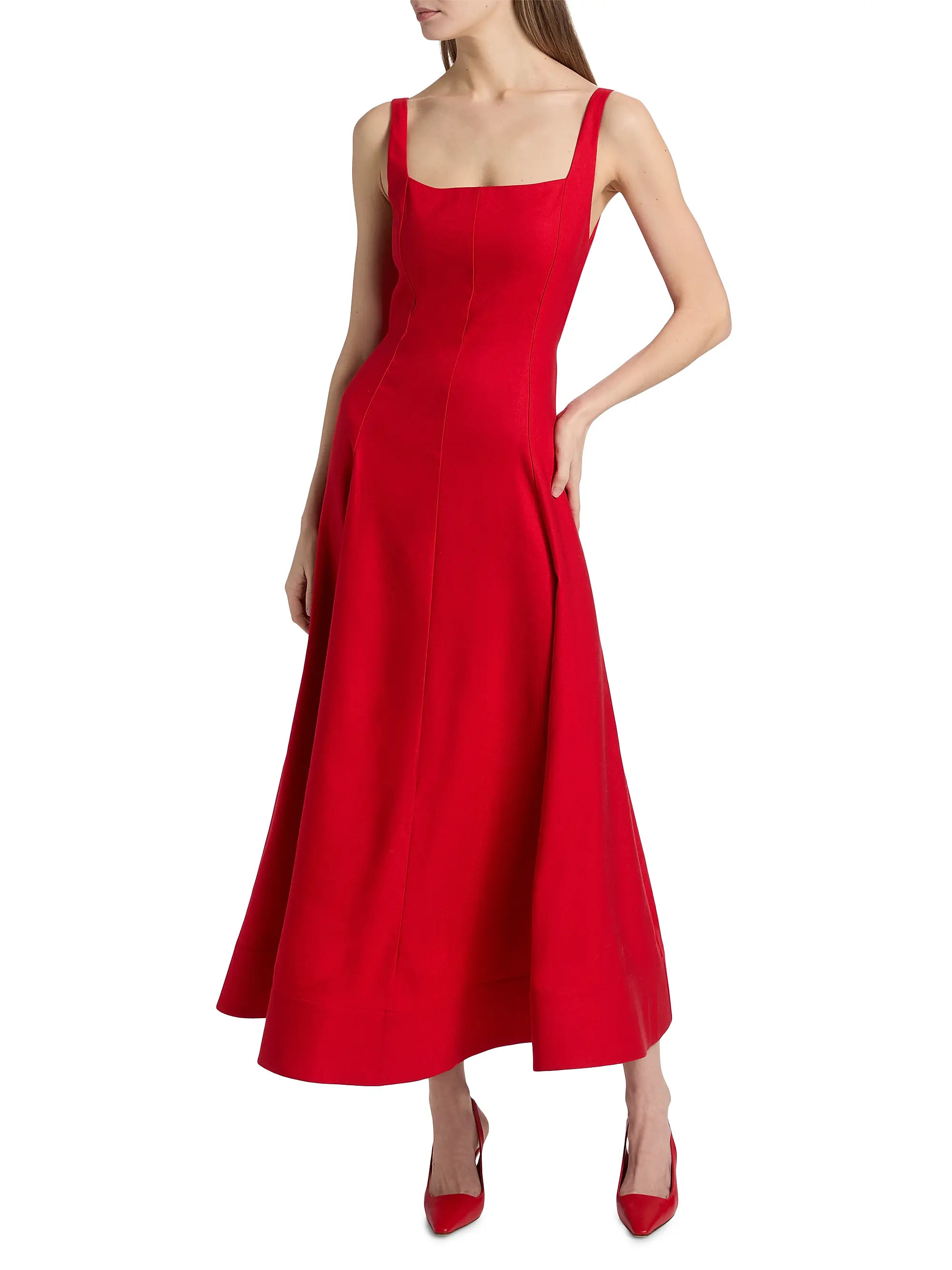 ALICE + OLIVIA Polly Linen-Blend Tie-Back Midi-Dress | Saks Fifth Avenue | Saks Fifth Avenue