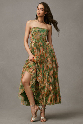 Hutch Costella Strapless Pleated Floral Tulle Midi Dress | Anthropologie (US)