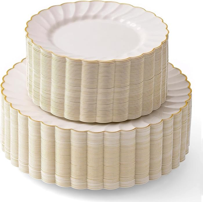 HEAVYWEIGHT Gold Scalloped Plastic Plates for Party Wedding 100 Pc | Amazon (US)