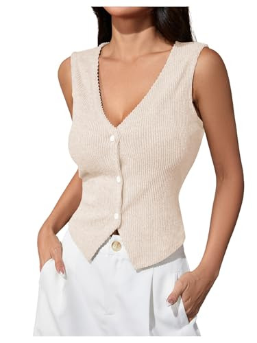 Milumia Women's V Neck Sleeveless Button Down Tank Top Ribbed Knit Fitted Vest Top Beige Small | Amazon (US)