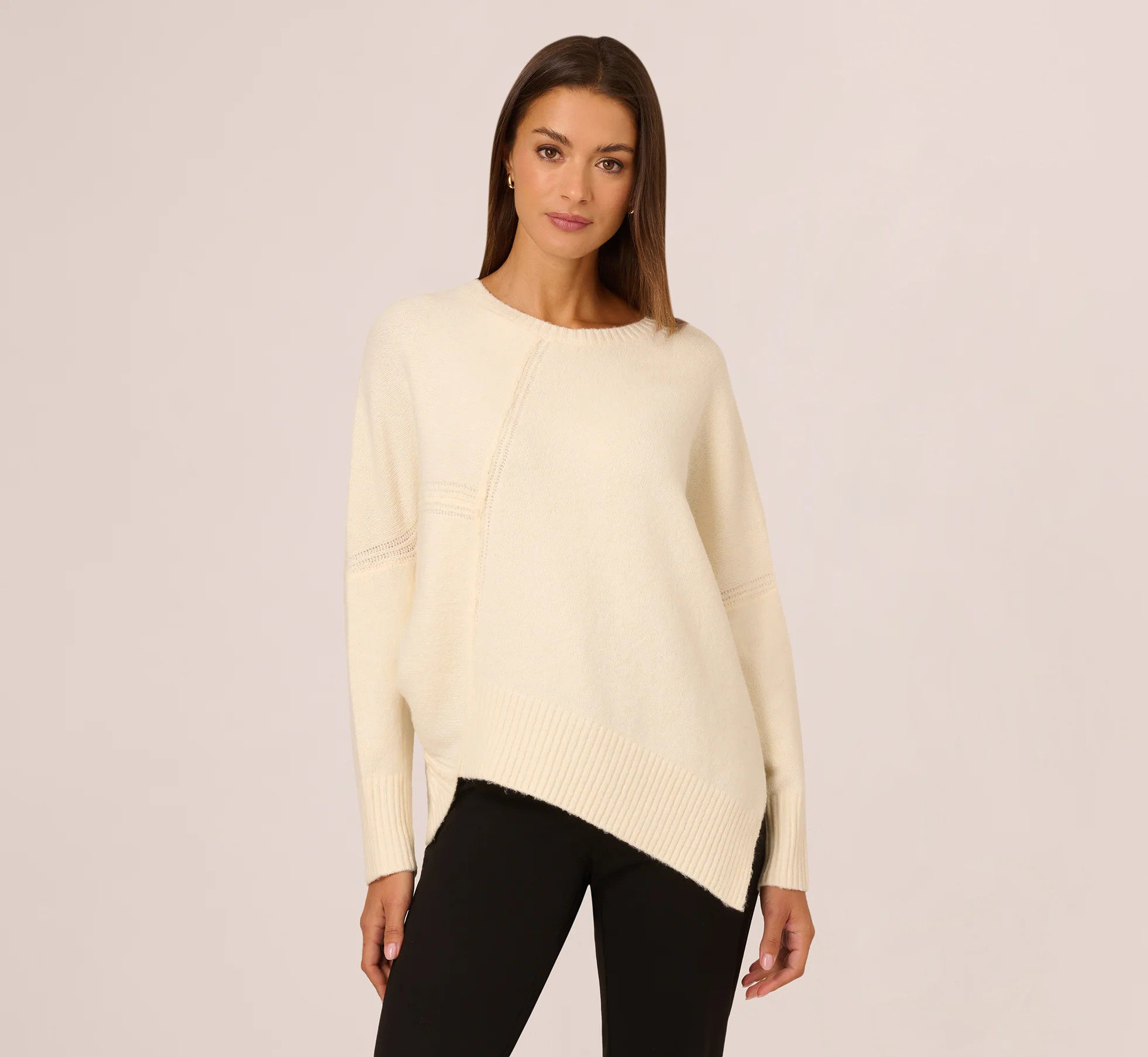 Asymmetrical Slouchy Dolman Sleeve Pullover Sweater In Cream | Adrianna Papell