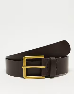 ASOS DESIGN leather belt with gold buckle in brown | ASOS (Global)