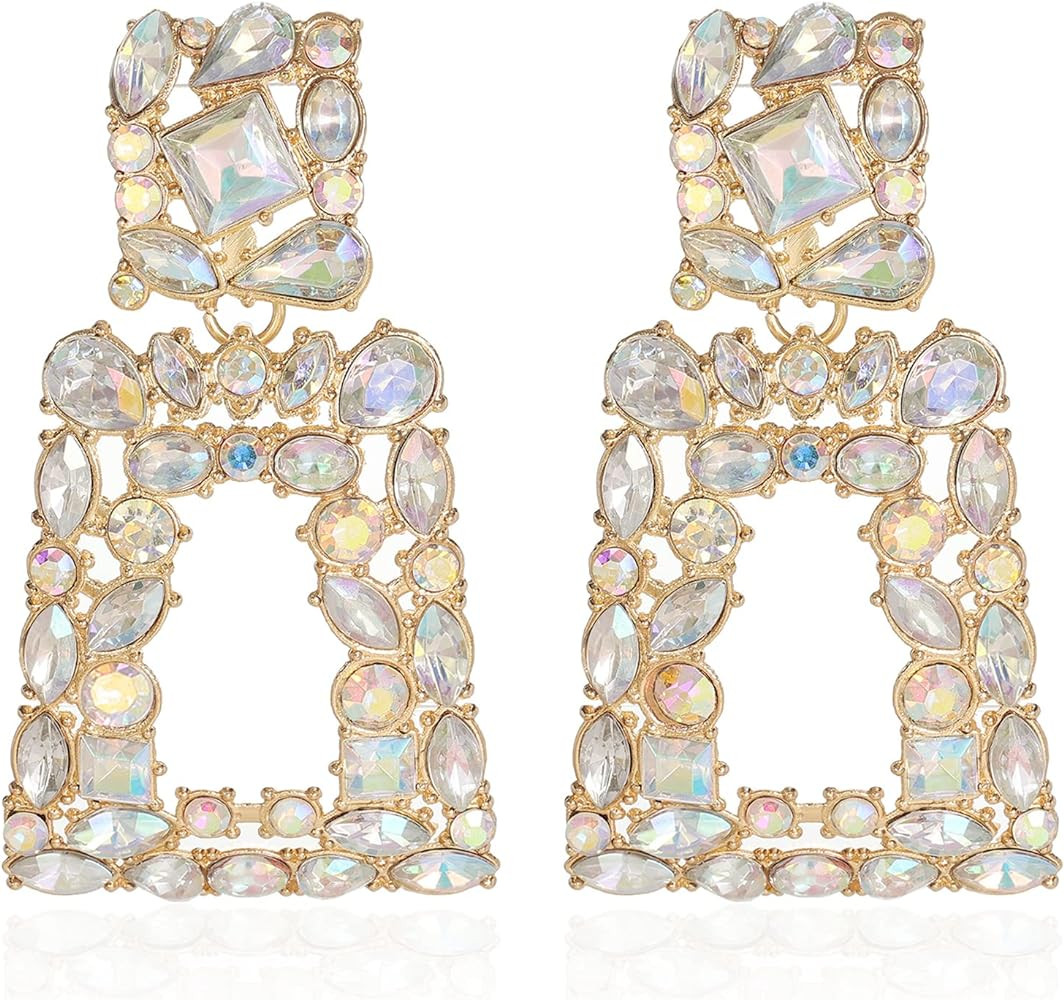 Rhinestone Rectangle Dangle Statement Earrings Trendy Crystal Geometric Drop Earrings hypoallerge... | Amazon (US)
