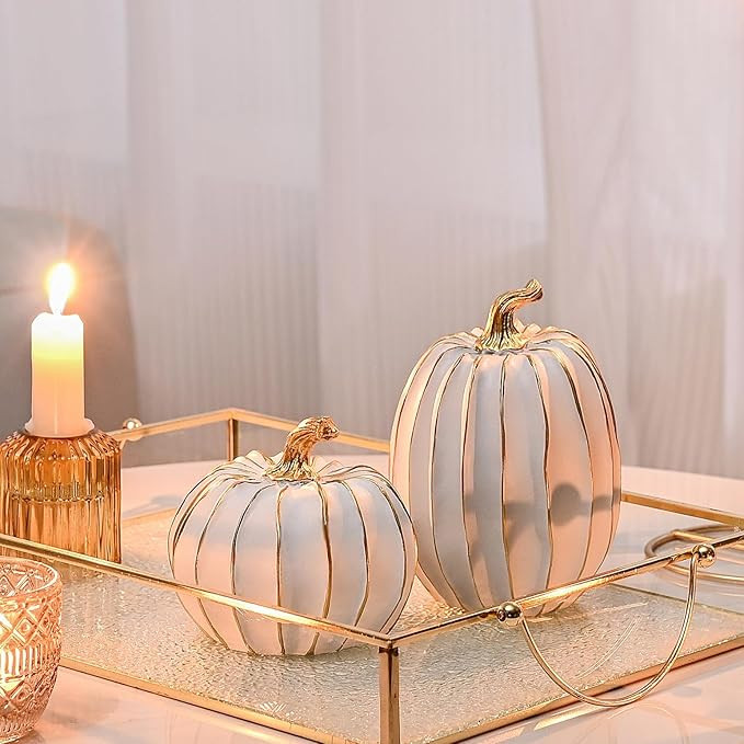 Fall Pumpkin Decor, 2 PCS Resin Thanksgiving Fake Pumpkin Figurines, White and Gold Pumpkins for ... | Amazon (US)