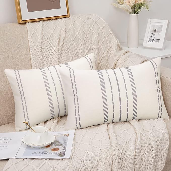 Merrycolor Decorative Farmhouse Throw Pillow Covers 12x20 Lumbar Pillow Case Cream White and Gray... | Amazon (US)