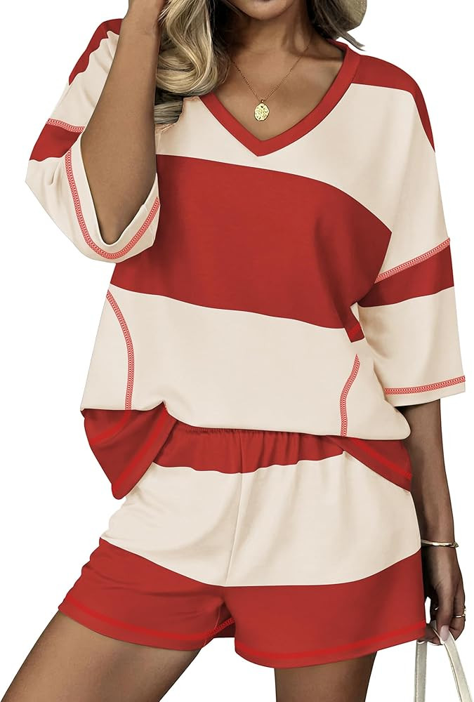 Ekouaer Two Piece Sets for Women Summer Lounge Sets 2026 Striped Shirts and Shorts Set Oversized ... | Amazon (US)