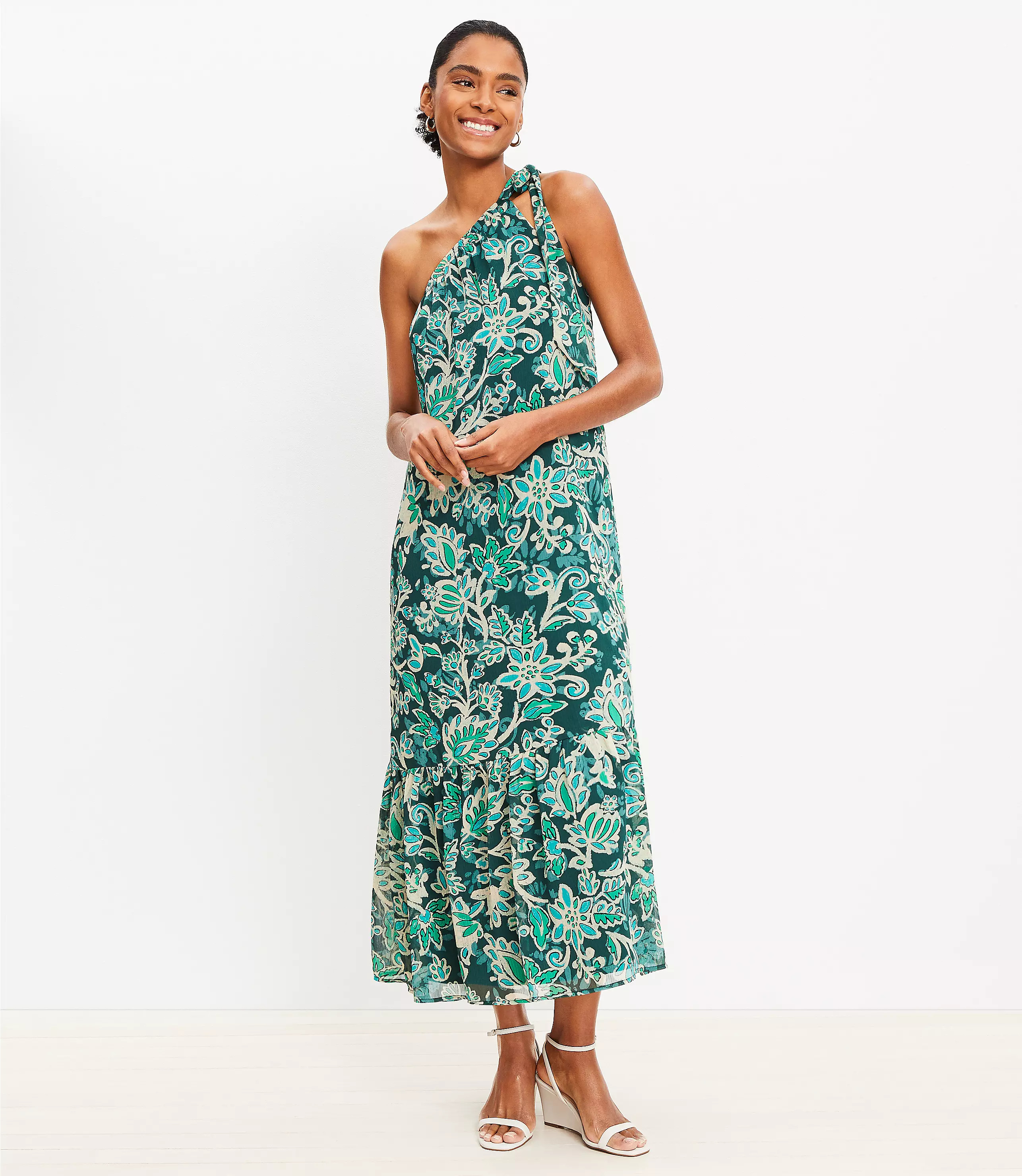 Floral Crinkle Flounce One Shoulder Maxi Dress | LOFT