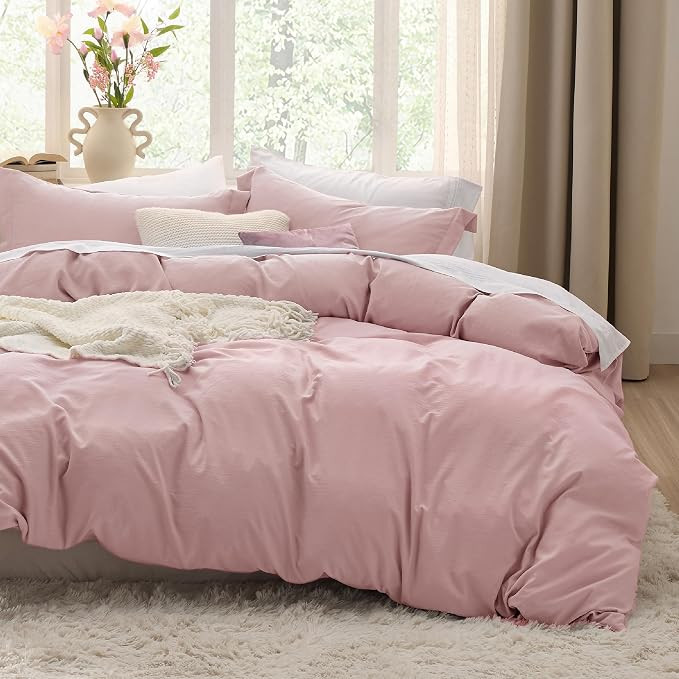 Bedsure Pink Duvet Cover Queen Size - 3 Pieces Prewashed Cotton-Like Polyester Extra Soft Bedding... | Amazon (US)