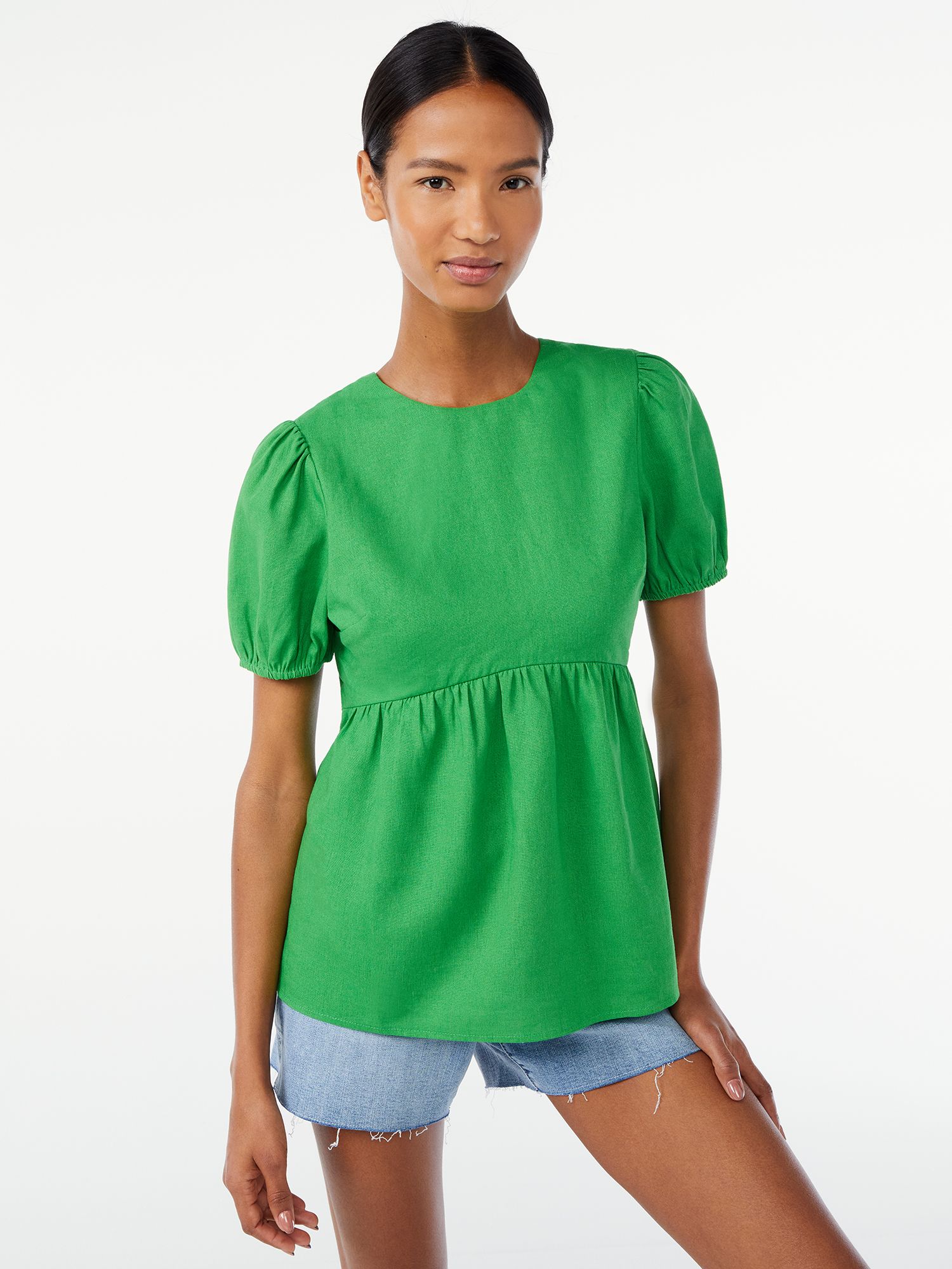 Scoop Women's Linen Blend Peplum Top with Puff Sleeves - Walmart.com | Walmart (US)