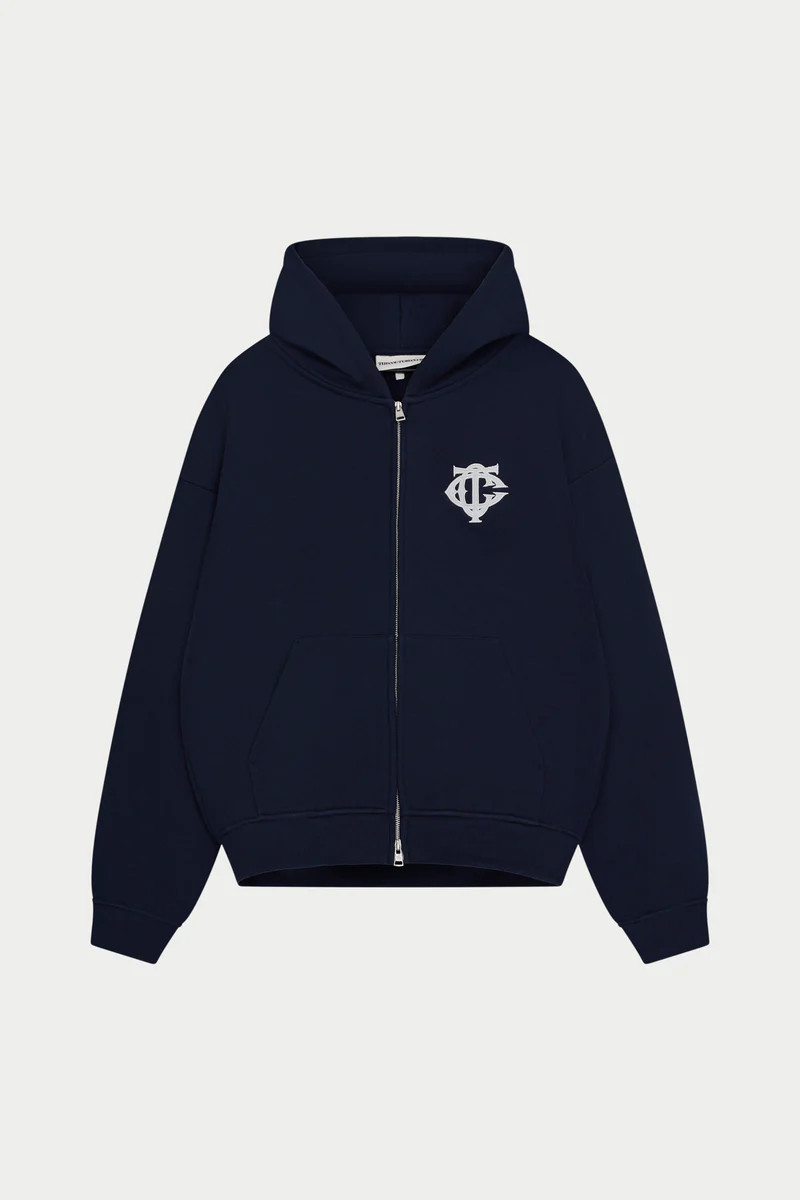 HEAVYWEIGHT MONOGRAM APPLIQUE EMBLEM ZIP THROUGH - NAVY | The Couture Club