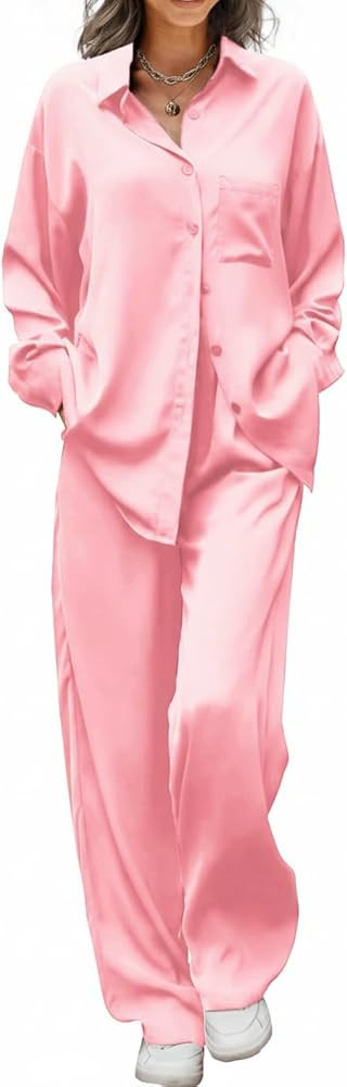 Ekouaer Womens Satin Silky Pajama Set 2 Piece Print PJs Soft Loungewear Button Down Sleepwear wit... | Amazon (US)