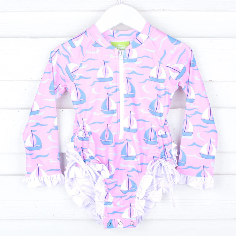 Pink And Blue Sailboat Print One Piece Rash Guard Swimsuit | Classic Whimsy