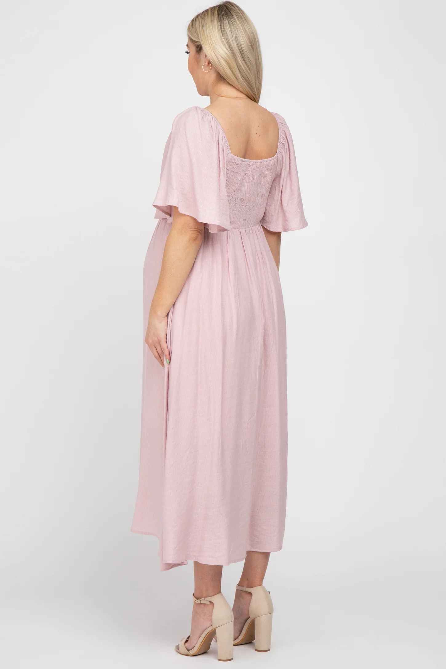 Light Pink Front Tie Ruffle Sleeve Maternity Midi Dress | PinkBlush Maternity