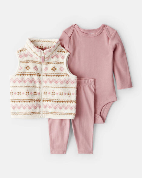 Baby Girl 3-Piece Fair Isle Sherpa Vest Outfit Set - Pink | Carter's Inc