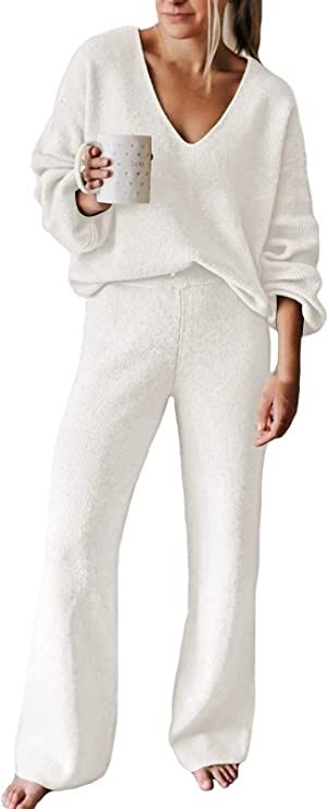 Viottiset Women's 2 Piece Outfits Casual V Neck Knit Wide Leg Sweater Lounge Set Sweatsuit | Amazon (US)