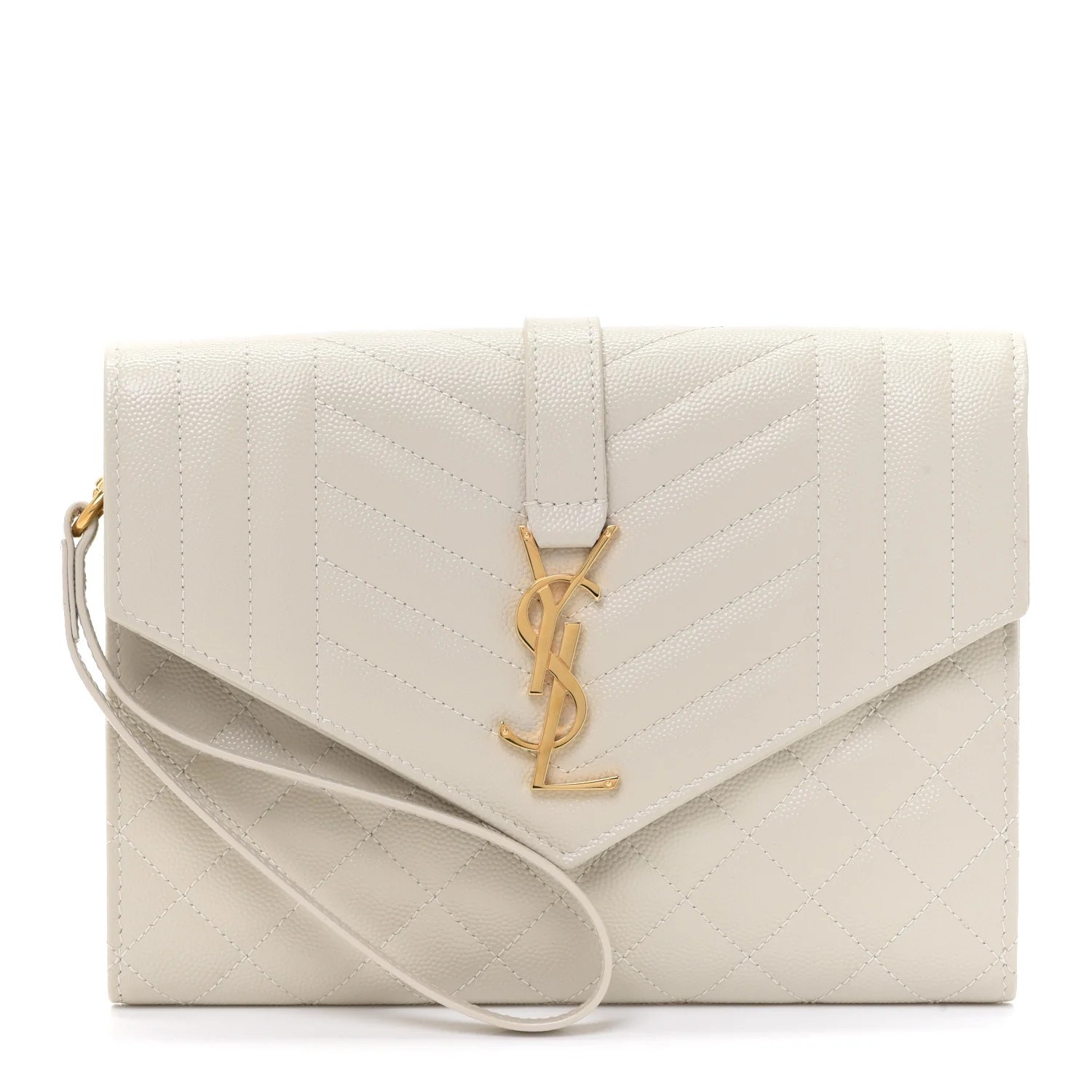 SAINT LAURENT Grain De Poudre Textured Mixed Matelasse Triquilt Monogram Clutch Blanc Vintage | FASHIONPHILE (US)