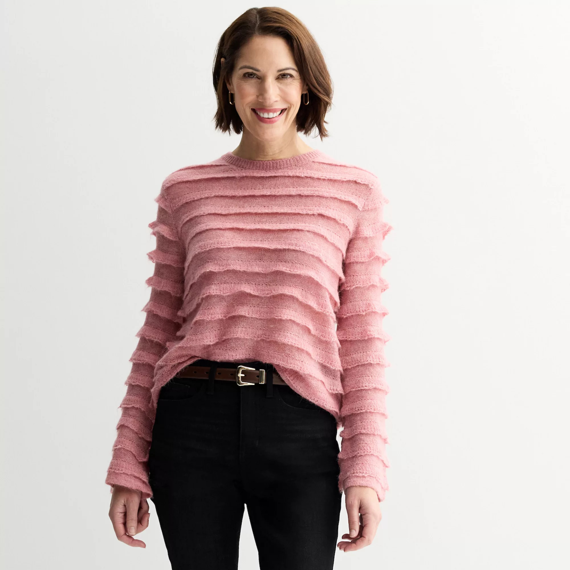 Women's Chelsea & Theodore Long Sleeve Wide Neck Ruffle Detail Sweater | Kohl's