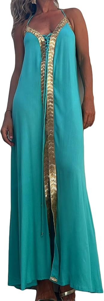 Womens Sexy Spaghetti Strap Lace Up Bodycon Split Colorblock Party Clubwear Beach Dress | Amazon (US)