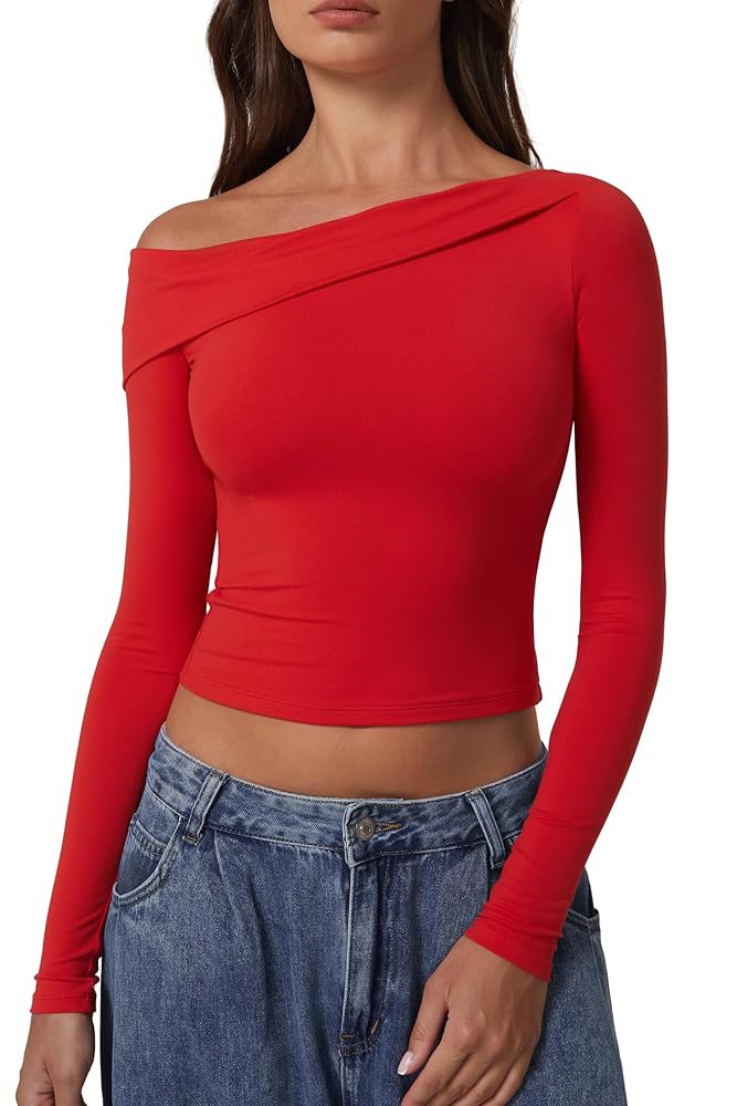 QINSEN Women Long Sleeve Off Shoulder Tops Trendy Double Lined Going Out Shirt for Fall | Amazon (US)