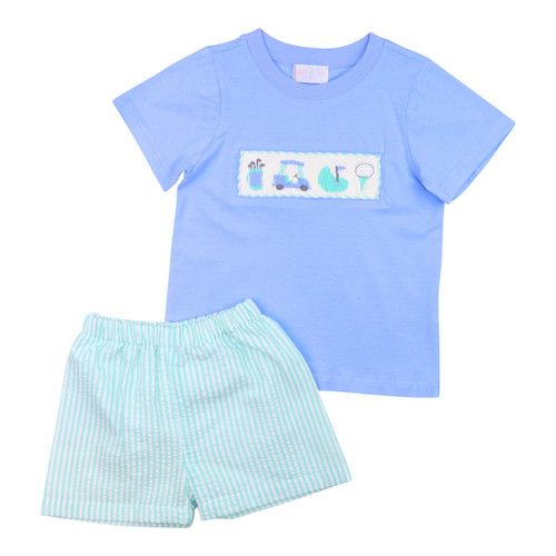 Mint And Blue Seersucker Smocked Golf Short Set  - Shipping Late May | Cecil and Lou