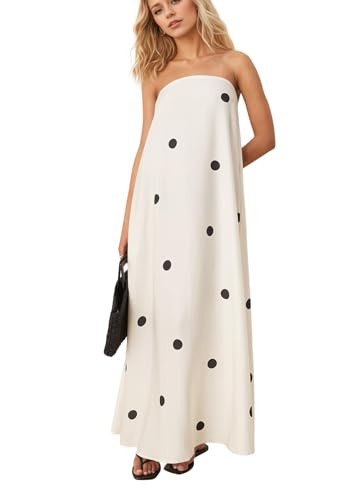 calbatic Women Polka Dot Strapless Maxi Dress Summer Flowy A Line Ruffle Backless Off Shoulder Lo... | Amazon (US)