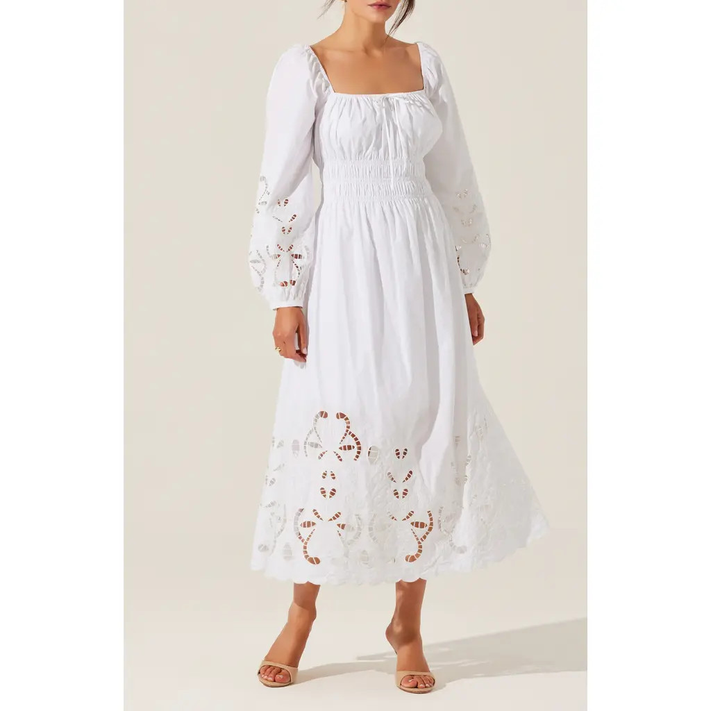 ASTR the Label Wisnia Long Sleeve Eyelet Embroidered Dress in White at Nordstrom Rack, Size X-Small | Nordstrom Rack
