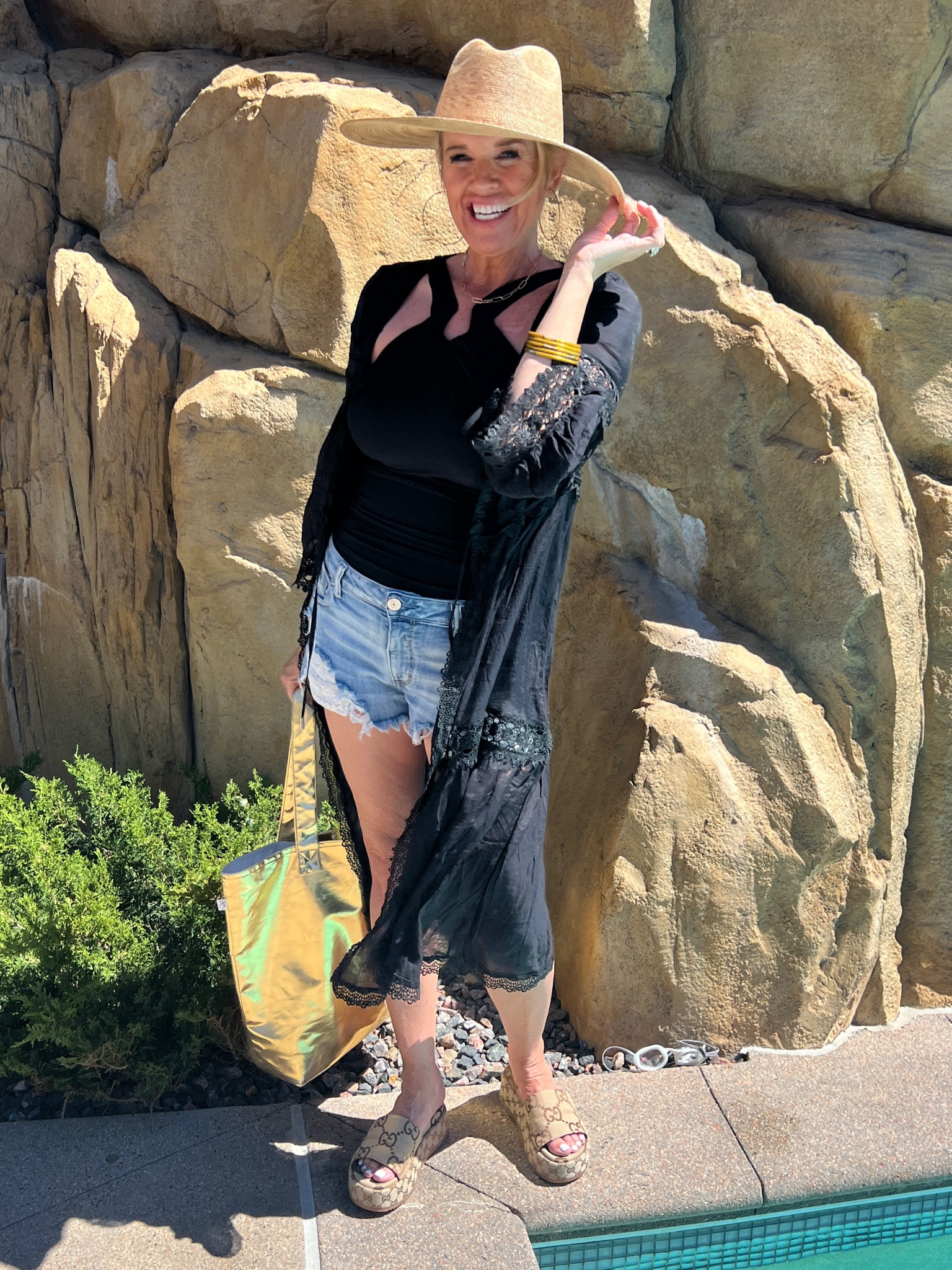 Pool time outfit

Soma swim suit one piece halter  tts

American Eagle cut off denim shorts

Elan cover up (not linkable) linked similar 

Lack of color straw hat 

Gold metallic tote quilted koala 
Save 20% off with code DARCY20 

Buddha bracelets 

Gold hoops accessories concierge 

#LTKSwim #LTKTravel #LTKStyleTip