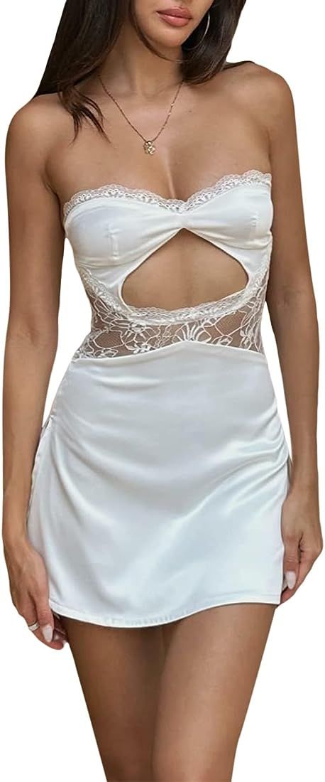 Women Lace Short Bodycon Dresses Vintage Ruffle A-Line Mini Dress Elegant Backless White Sundress... | Amazon (US)