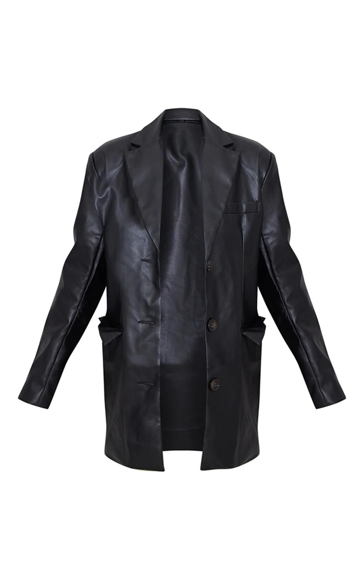 PLT Label Black Faux Leather Shoulder Padded Grandad Blazer | PrettyLittleThing US