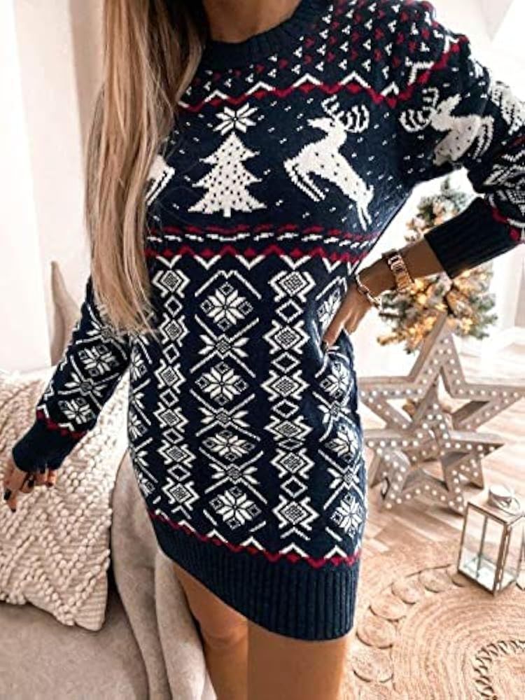 Women Long Sweater Dress Christmas Printed Tunic Dress Knitted Pullover Top Cute Holiday Outfits | Amazon (US)