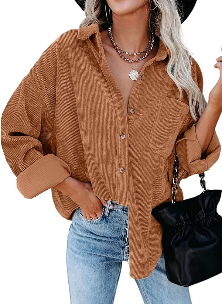 Dokotoo Womens Corduroy Button Down Shirts Boyfriend Long Sleeve Oversized Blouses Tops | Amazon (US)