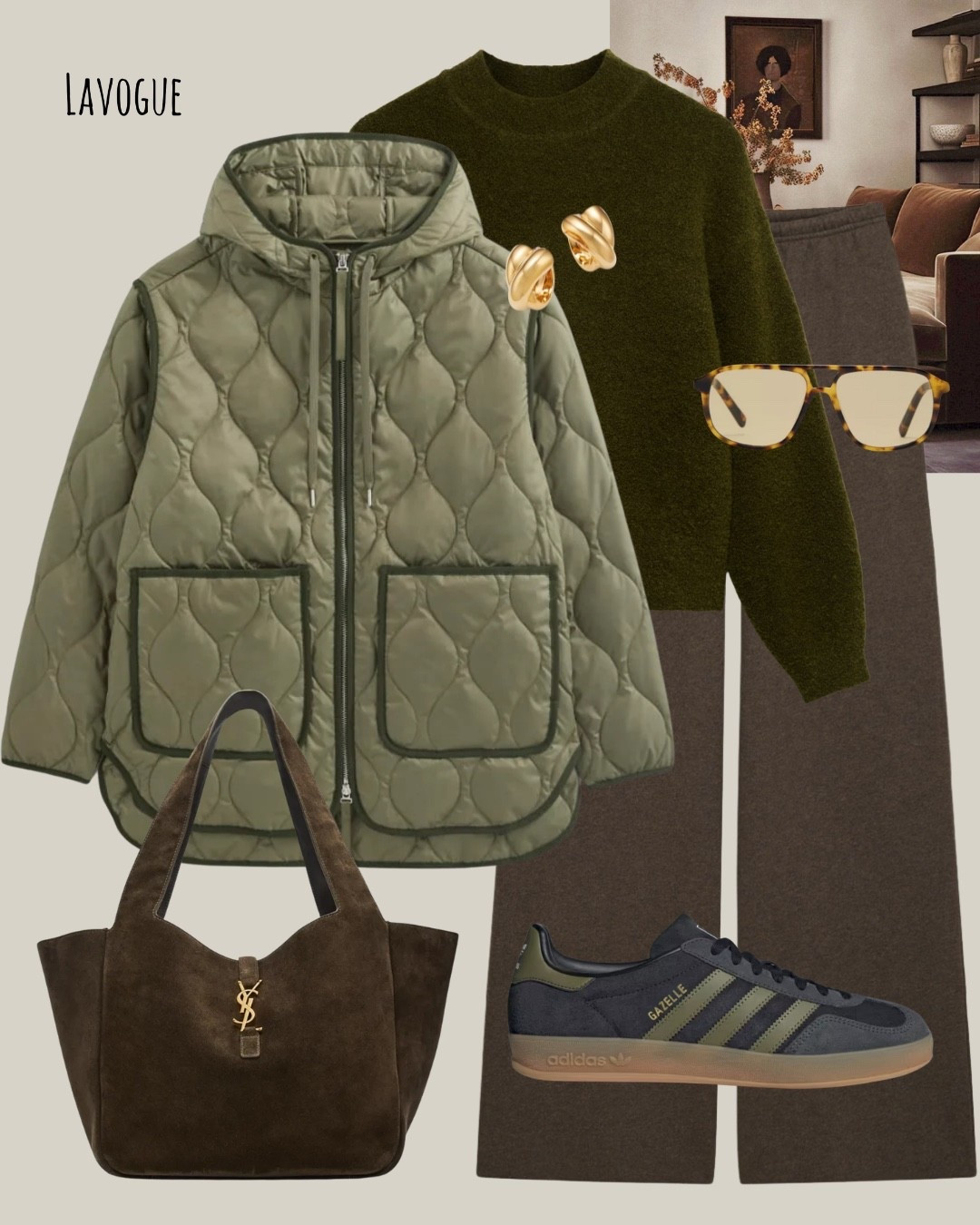 Laid-back layers with a functional edge. A green quilted liner jacket brings lightweight warmth over a funnel neck sweater and brown joggers for a cozy, off-duty vibe. Styled with Adidas sneakers and a brown suede bag to balance sporty and soft textures.
An easy, everyday look built for comfort and style.

#LTKfall #casuallayers #quiltedliner #offdutystyle #fallneutrals #LTKunderstated #sportychic


#LTKFindsUnder100 #LTKSeasonal #LTKTravel