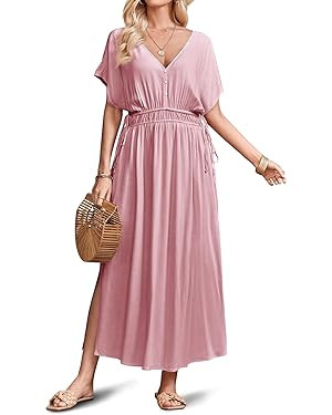 Fisoew Womens V Neck Casual Dress Short Sleeve Drawstring High Waist Split Summer Maxi Dresses | Amazon (US)