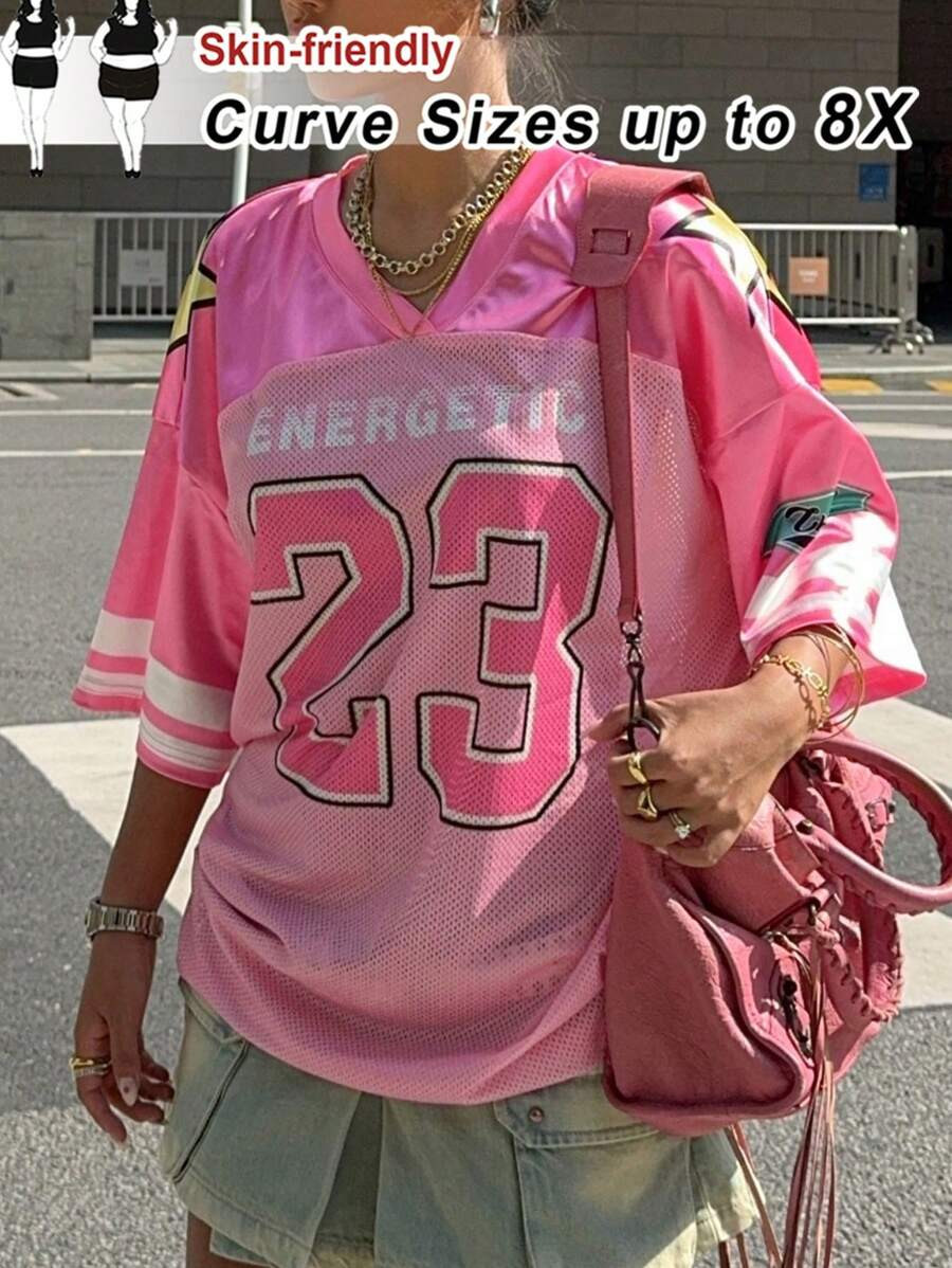 SHEIN CURVE+ Curve Plus Size V-Neck Jersey With Letter Print T-Shirt, Valentine's Day, Multi-Colo... | SHEIN