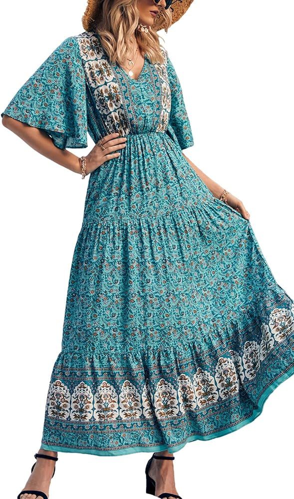 PRETTYGARDEN Women's Casual Floral Print V Neck Short Sleeve Summer Boho Beach Dress High Waist Long | Amazon (US)