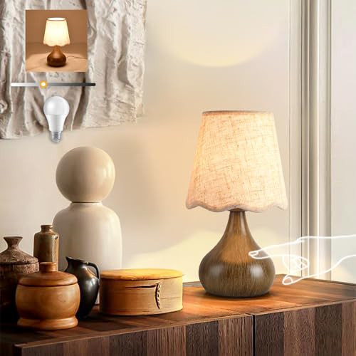 Ziqqeelam Wood Grain Small Table Lamp Touch Control, Farmhouse Bedroom Lamps for Bedside Nightstand, Vintage Small Table Lamps for Small Spaces for Kitchen Counter, Home Office, Kids Dorm, Bookshelf | Amazon (US)