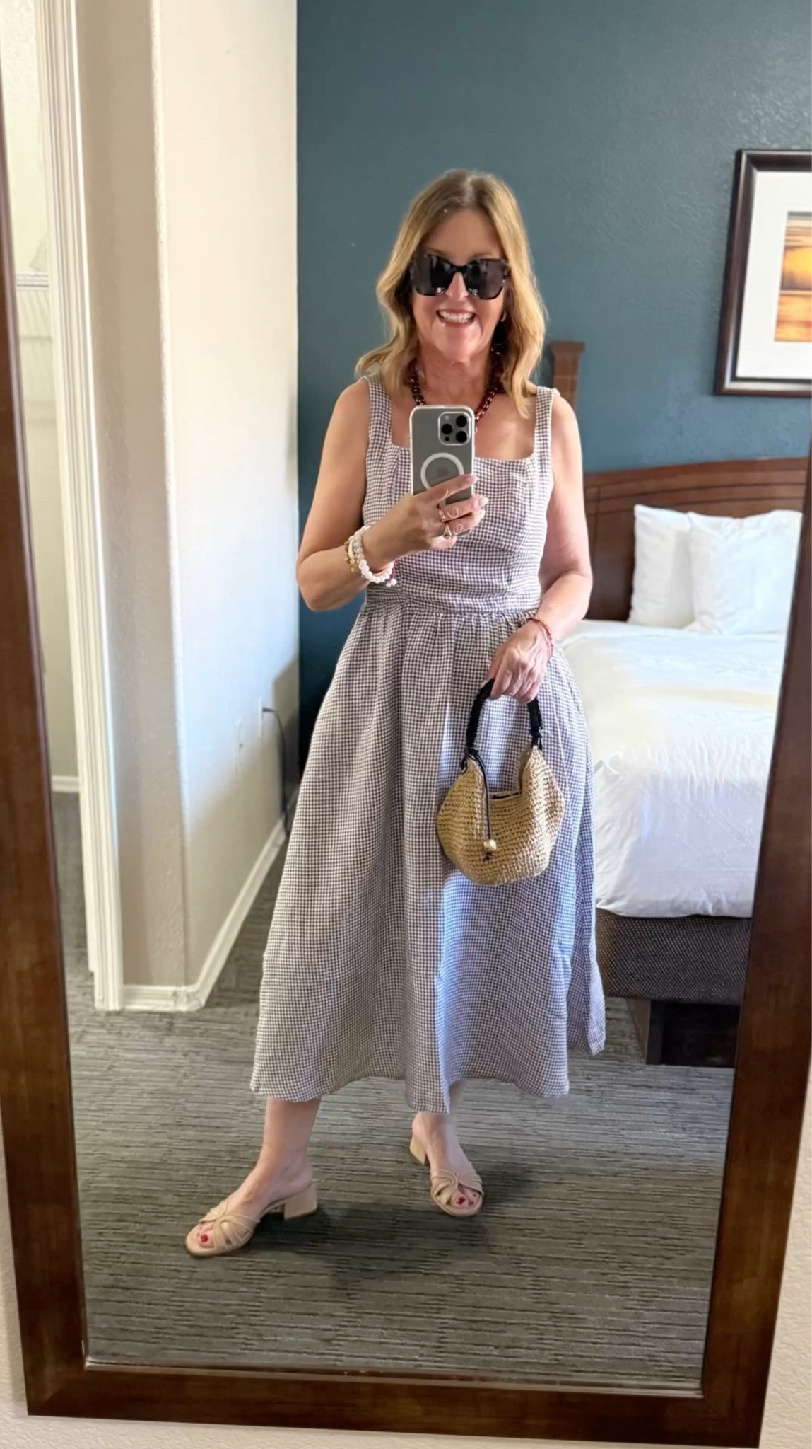 Dinner out in Phoenix, AZ
I'm 5'2 "and wear a size Xs/s. 

Quince dress, brown & white gingham. Fits tts, wearing an Xs. 

Sam Edelman sandals are comfy & fit tts.

Madewell bag. Tonight I’m carrying a wallet, lip, keys, glasses, and phone. It's a roomy bag 

#LTKOver40 #LTKxMadewell #LTKTravel