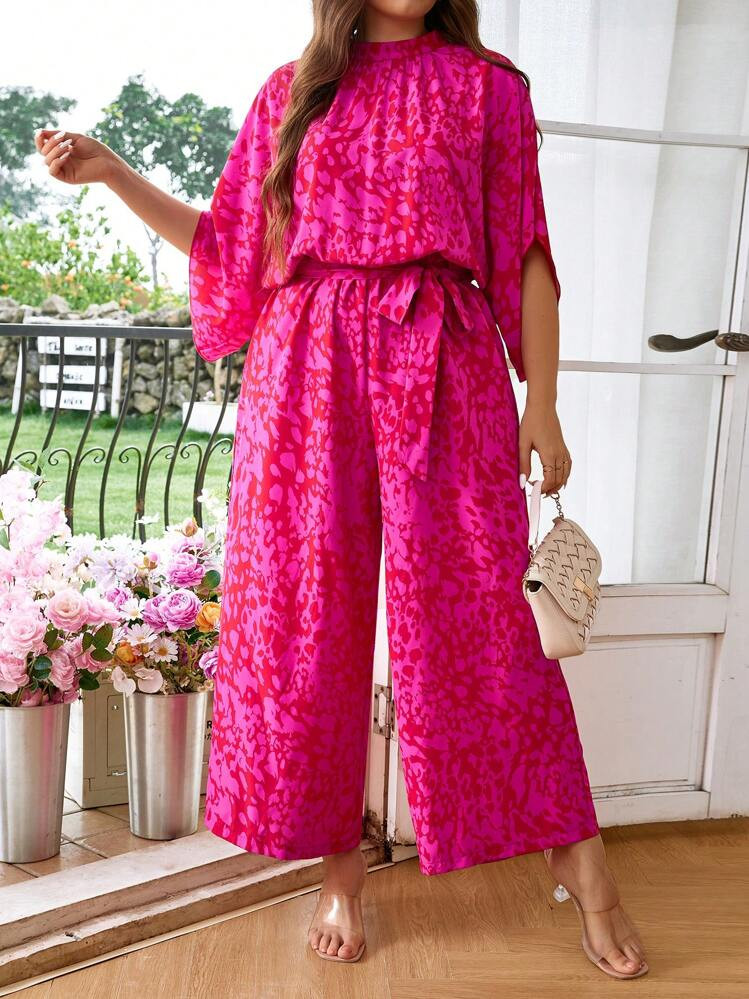 SHEIN Privé Plus Size Summer Animal Print Leopard Pink Holiday Women's Jumpsuit With Stand Collar | SHEIN