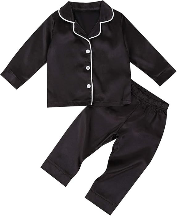Toddler Baby Kids Satin Pajamas Set, Long Sleeve Button-Down Sleepwear PJs for Girls | Amazon (US)